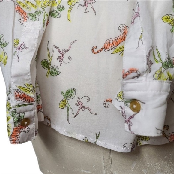 Anthropologie- Maeve Blouse White Jungle Monkey 🐒 Tiger 🐅 Print Shirt Size 4 - Picture 7 of 8